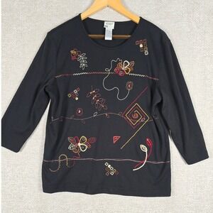 Koret Womens Black Embroidered Art to Wear 3/4 Sleeve Top Size Large